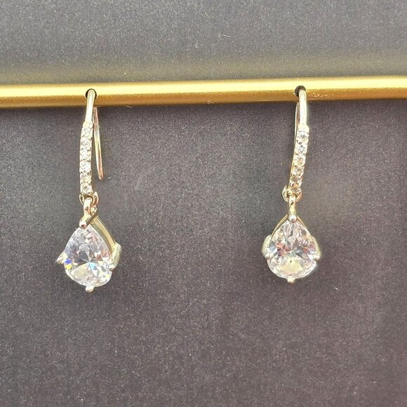 Teardrop Cubic Zirconia Drop Earrings Sterling Silver Hooks Pave Accents by CH - Picture 9 of 9